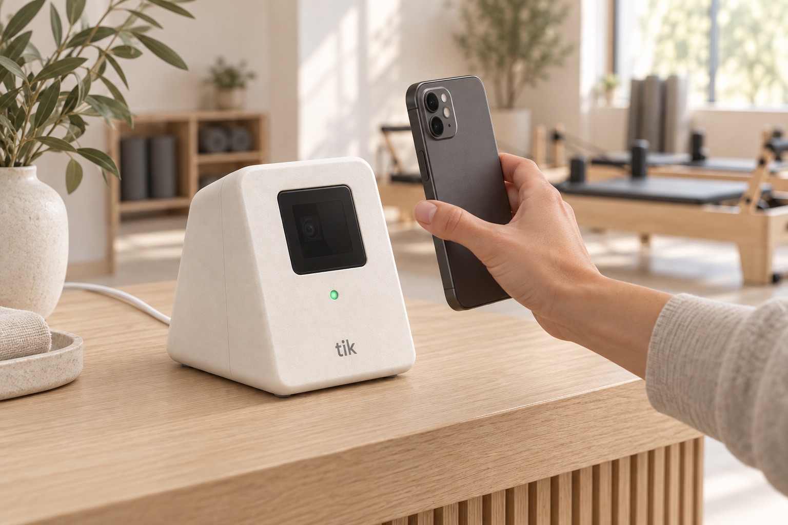 A member holds a phone up to Tik on a light oak studio counter. The status light on the device is green.
