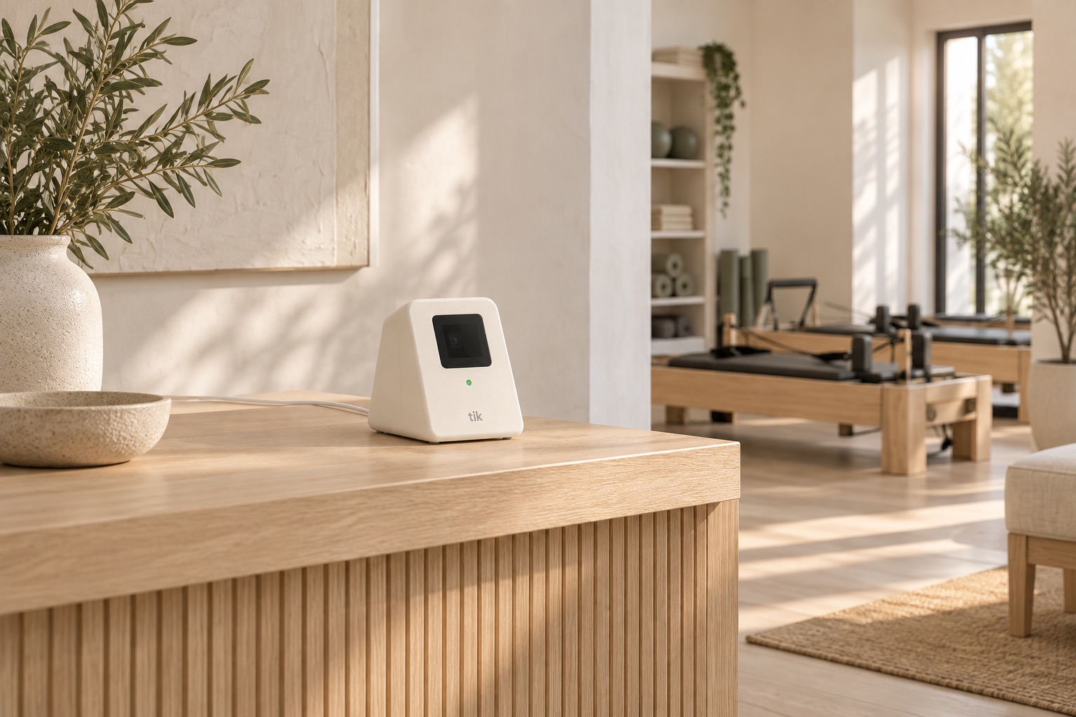 Tik on the reception counter of a bright reformer pilates studio.